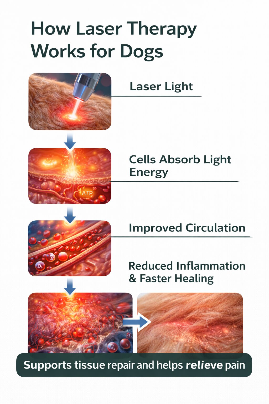 Laser therapy uses safe light energy to stimulate your dog’s cells, increase circulation, reduce inflammation, and support natural healing in muscles and joints.