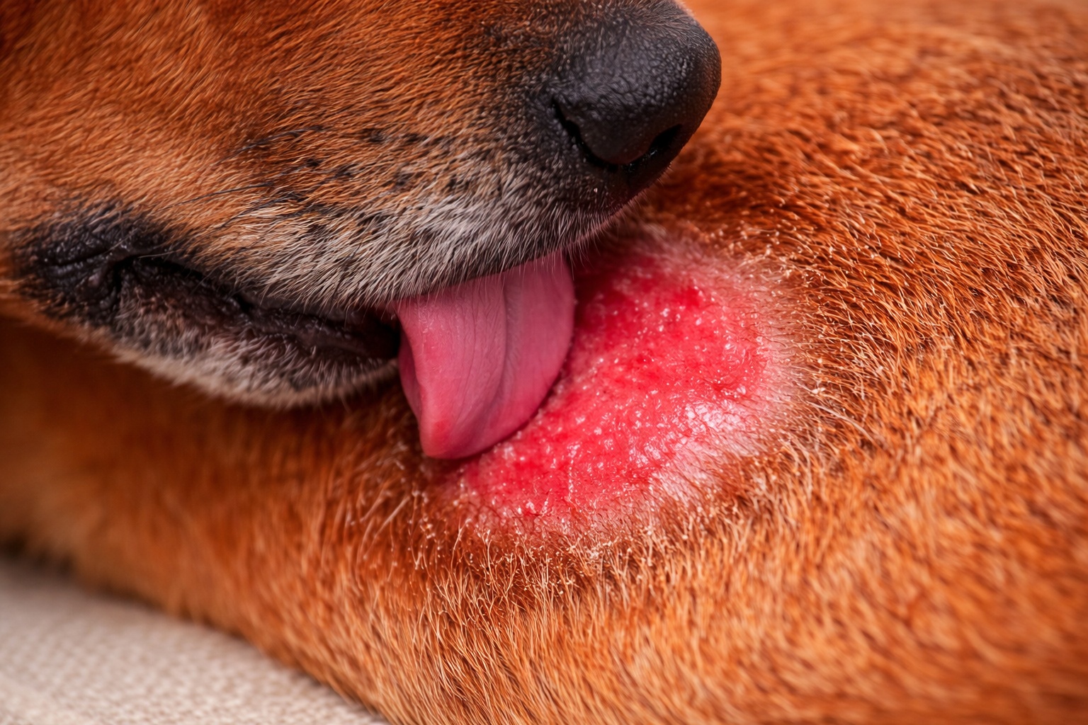 Dog showing signs of lick granuloma on the leg