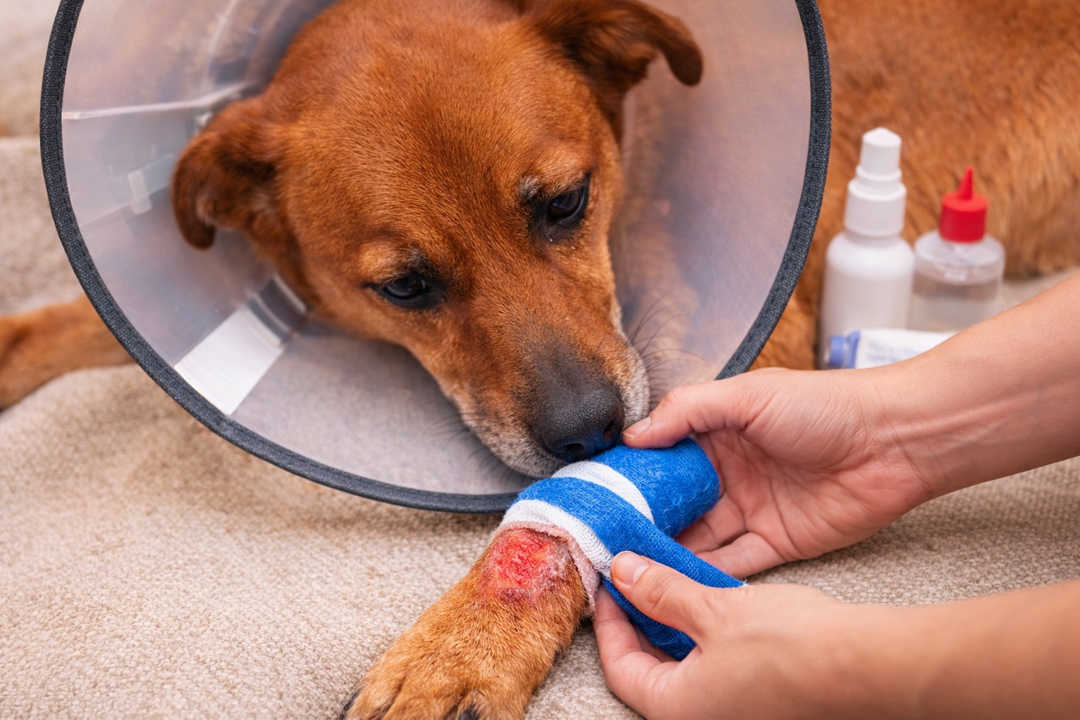 Dog receiving supportive care for lick granuloma
