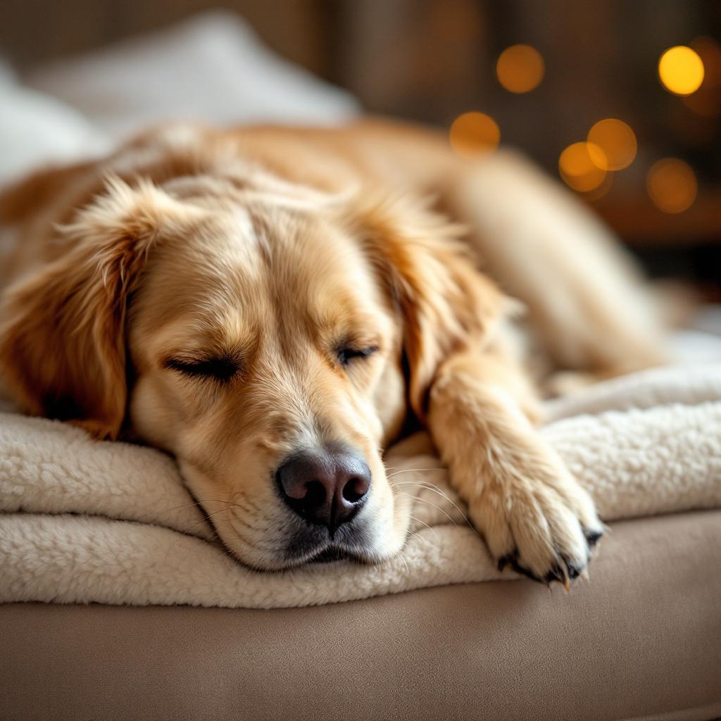 Dog resting comfortably during muscle injury recovery