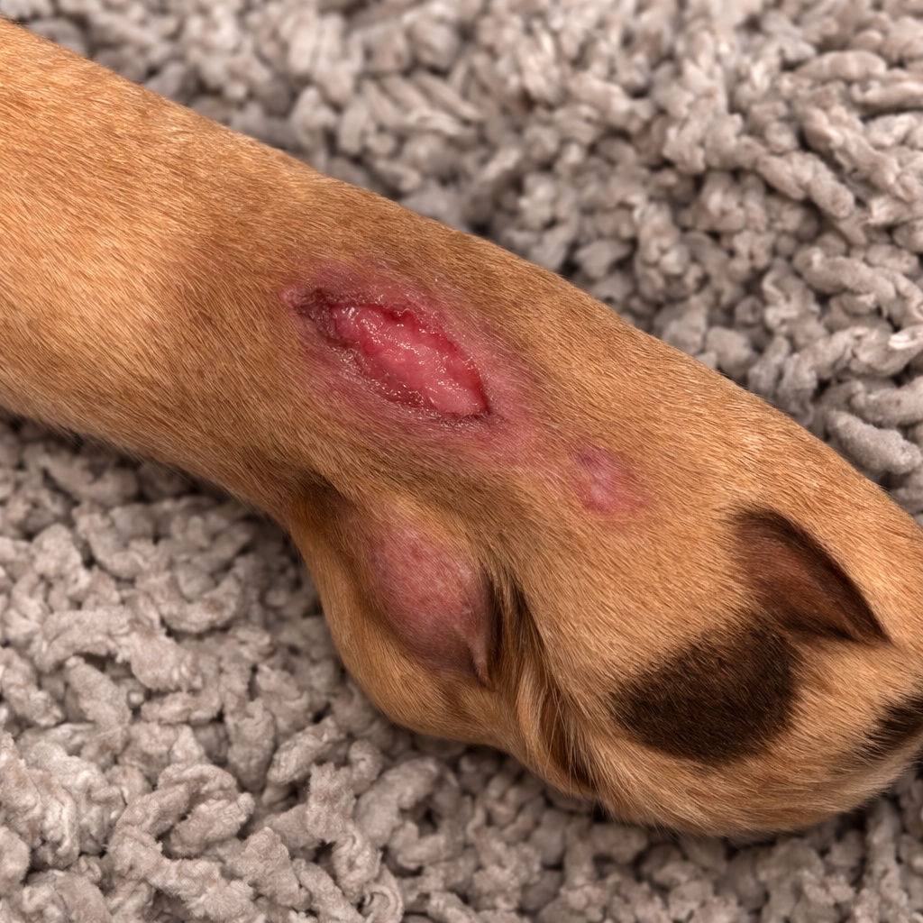 Dog recovering from a wound with supportive care