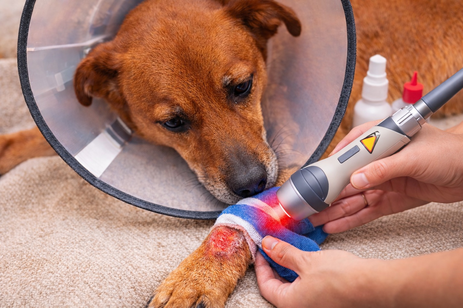 Cold laser therapy device used for lick granuloma support in dogs