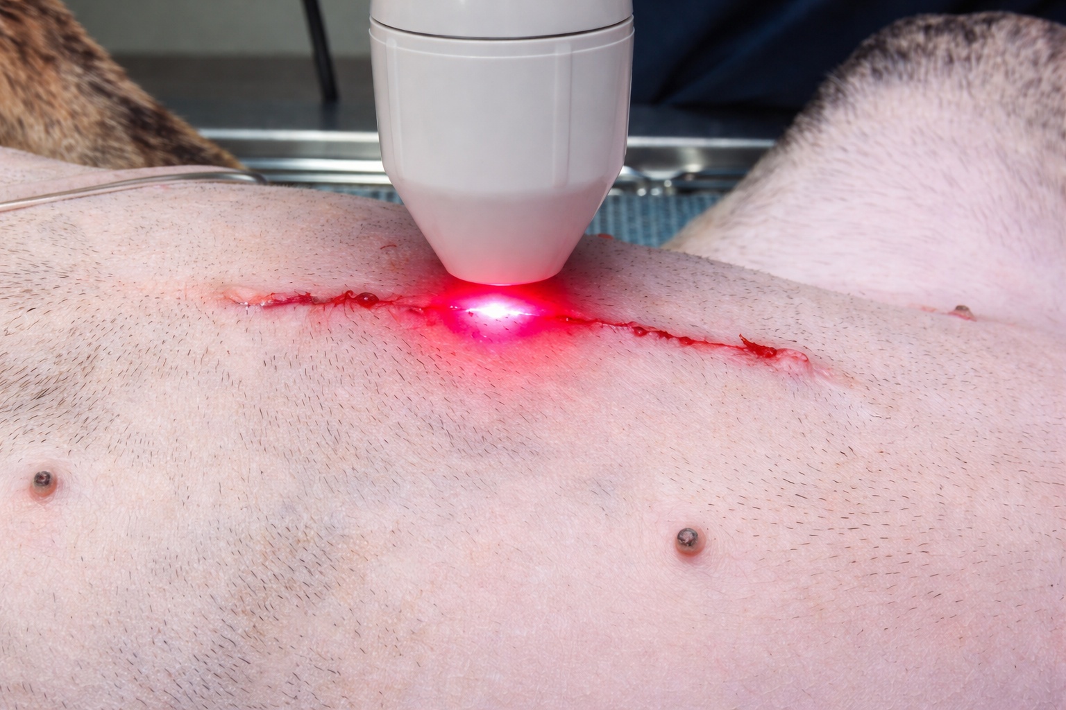 Cold laser therapy device used for dog post surgical recovery