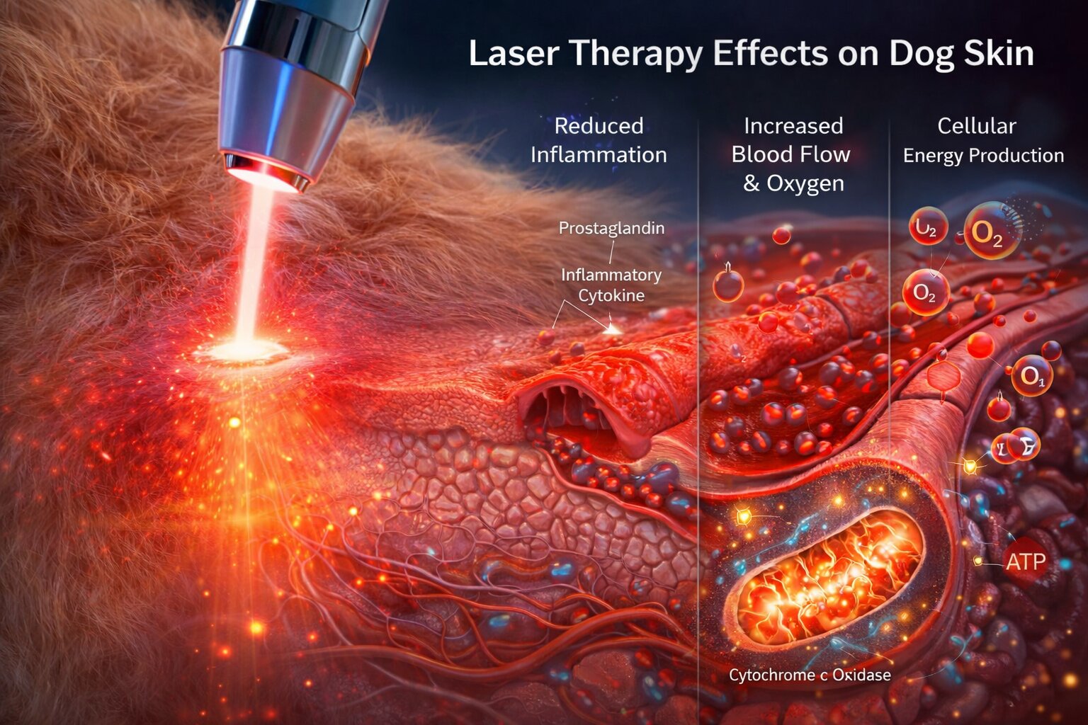 Illustration showing how laser therapy works on dog skin by stimulating cells, improving circulation, and reducing inflammation.